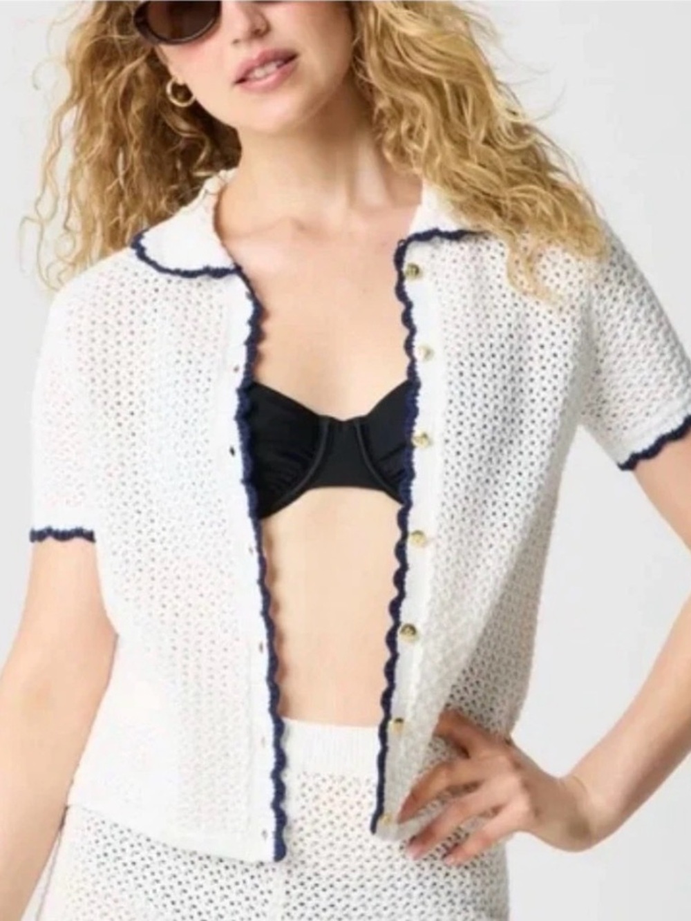 J.Crew White Crochet Short Sleeve Cardigan with Navy Trim size s